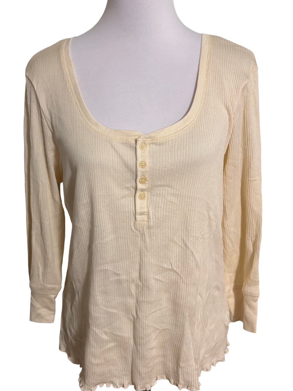 Ralph Lauren Cream Ribbed Henley Scoop-Neck Long Sleeve Top